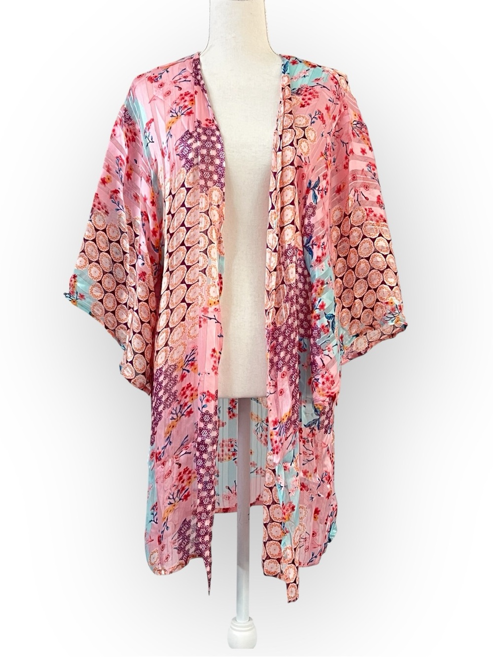 Chiffon Blue, Purple, Pink Dot Floral Boho Printed Kimono OS